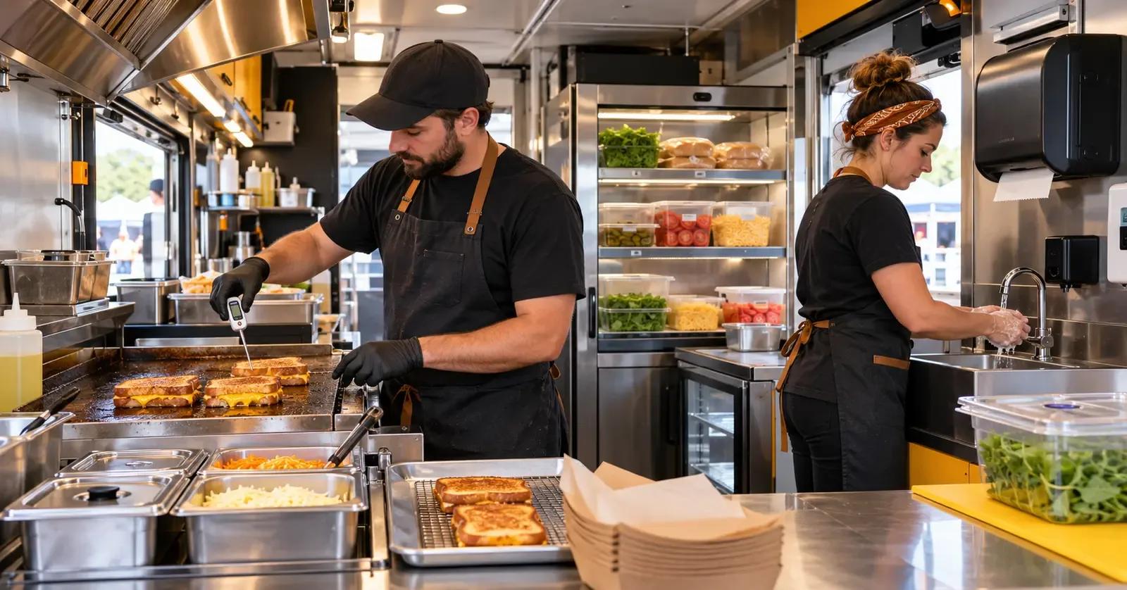 Food truck cooks checking temperatures and sanitation inside a clean mobile kitchen before service