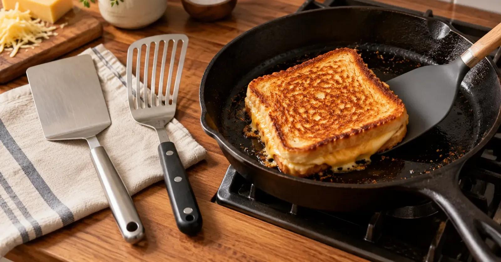 Three kitchen turners beside a golden grilled cheese in a cast-iron skillet