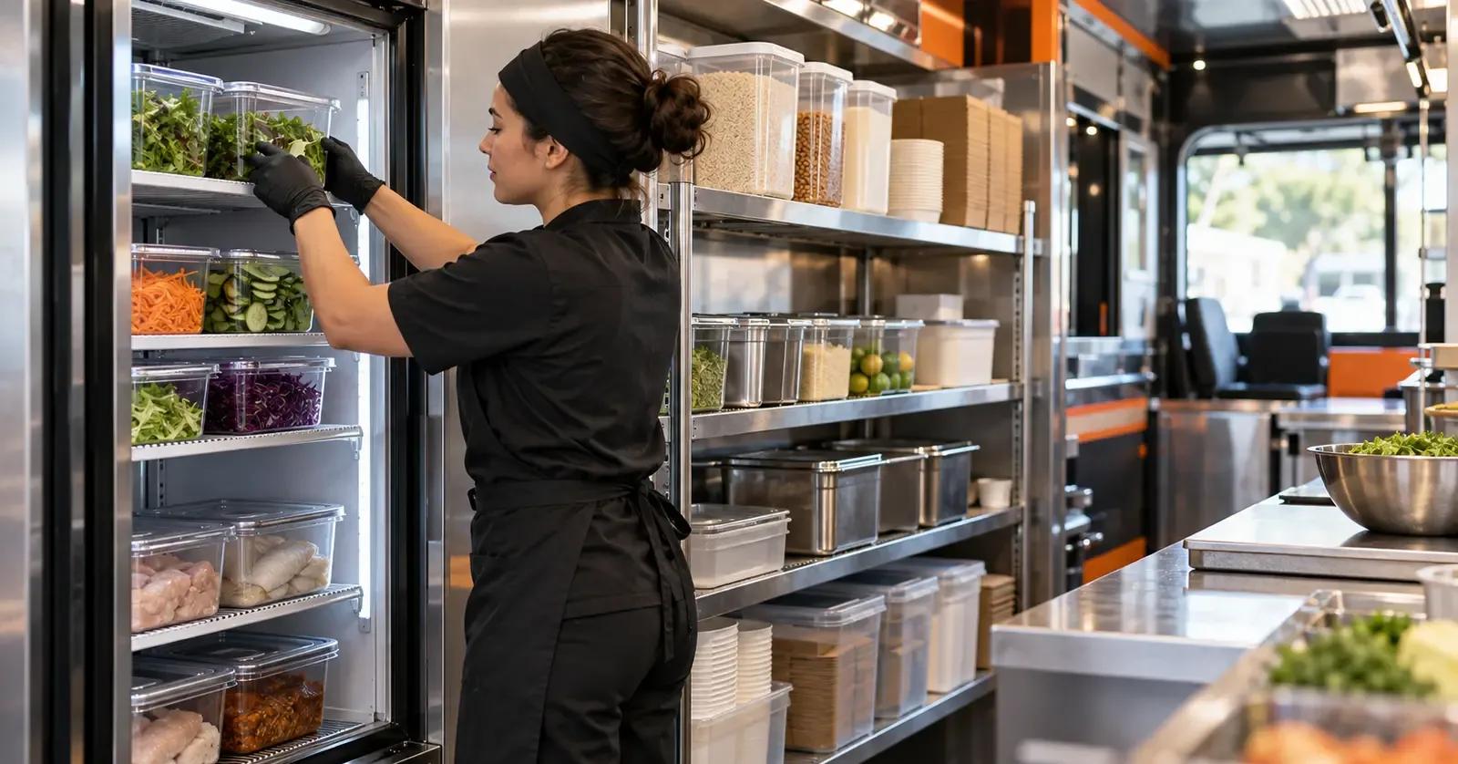 Food truck employee organizing refrigerated ingredients and protected dry supplies