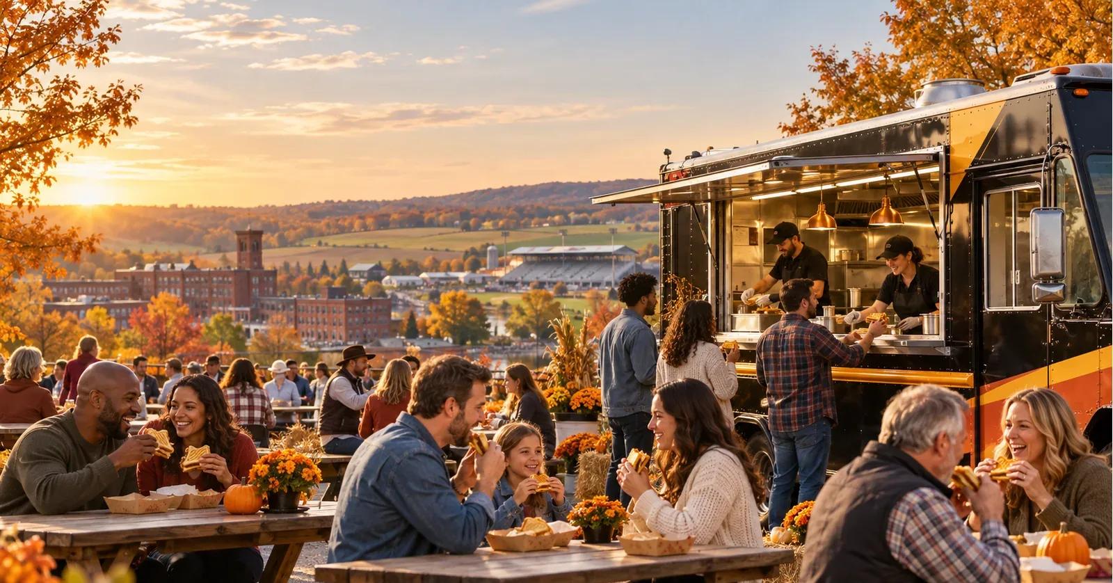 Guests enjoy grilled cheese at an autumn food truck event with York County farmland and brick architecture in the background