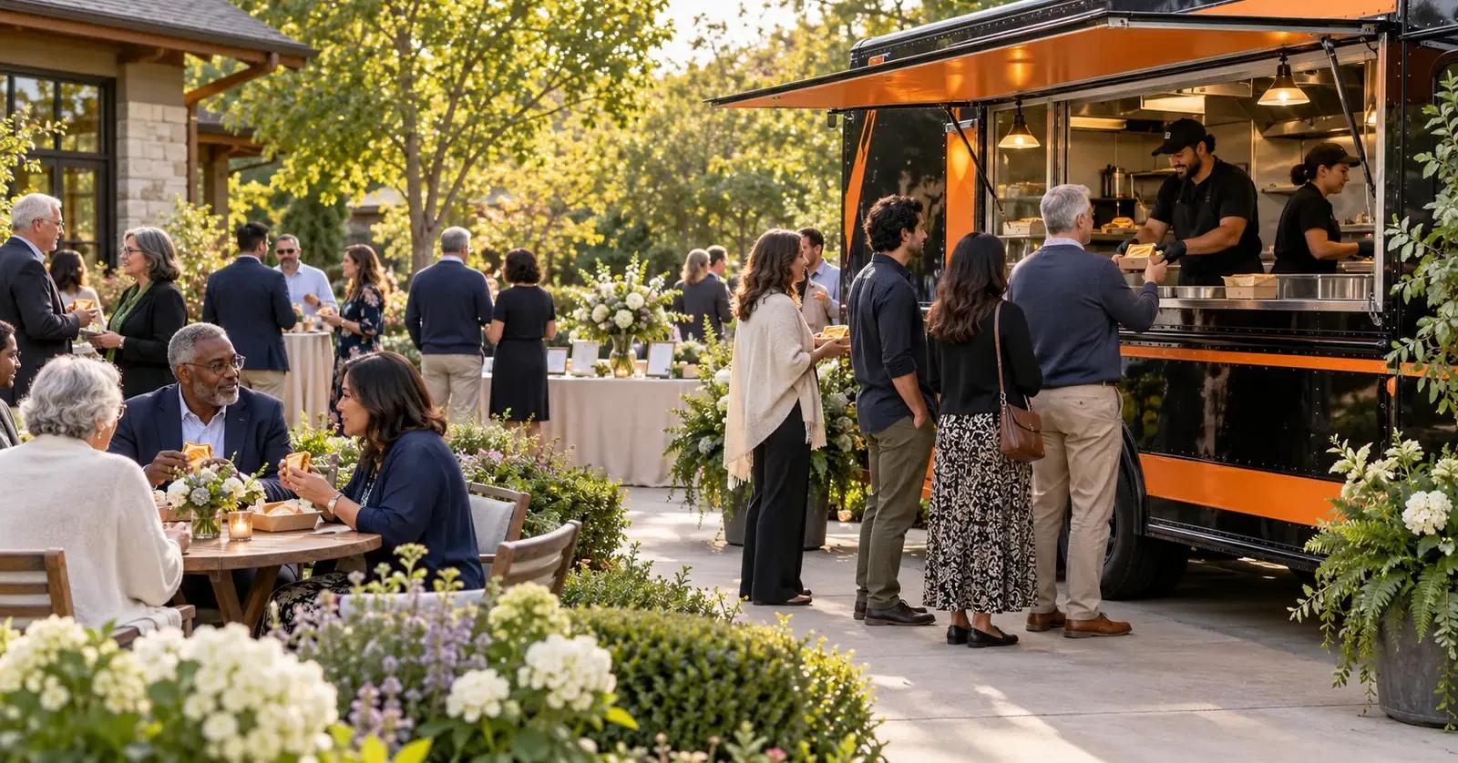 Guests sharing a quiet outdoor celebration-of-life meal beside a black-and-orange food truck