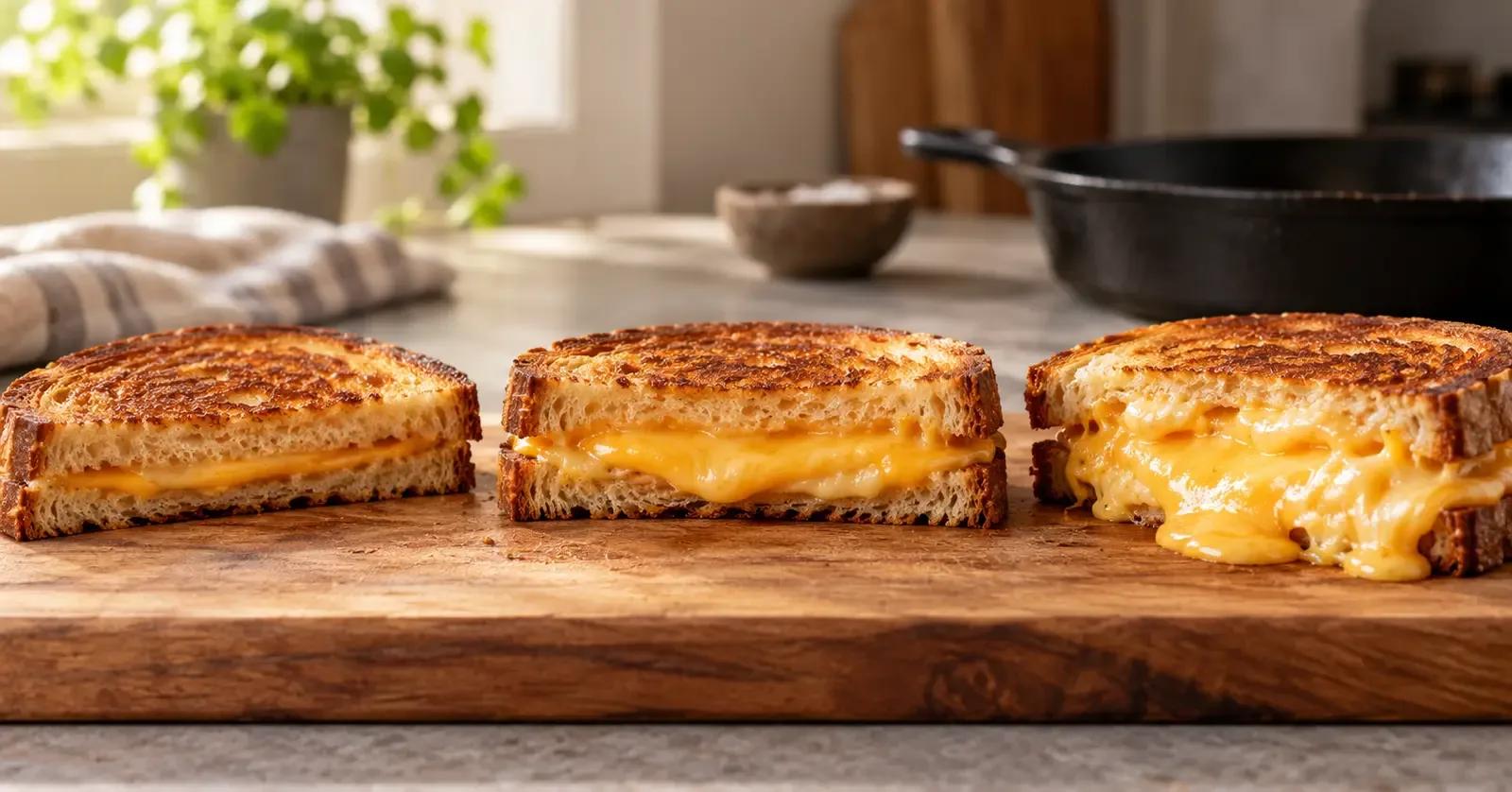 Three grilled cheese sandwiches showing sparse, balanced, and overfilled cheese portions