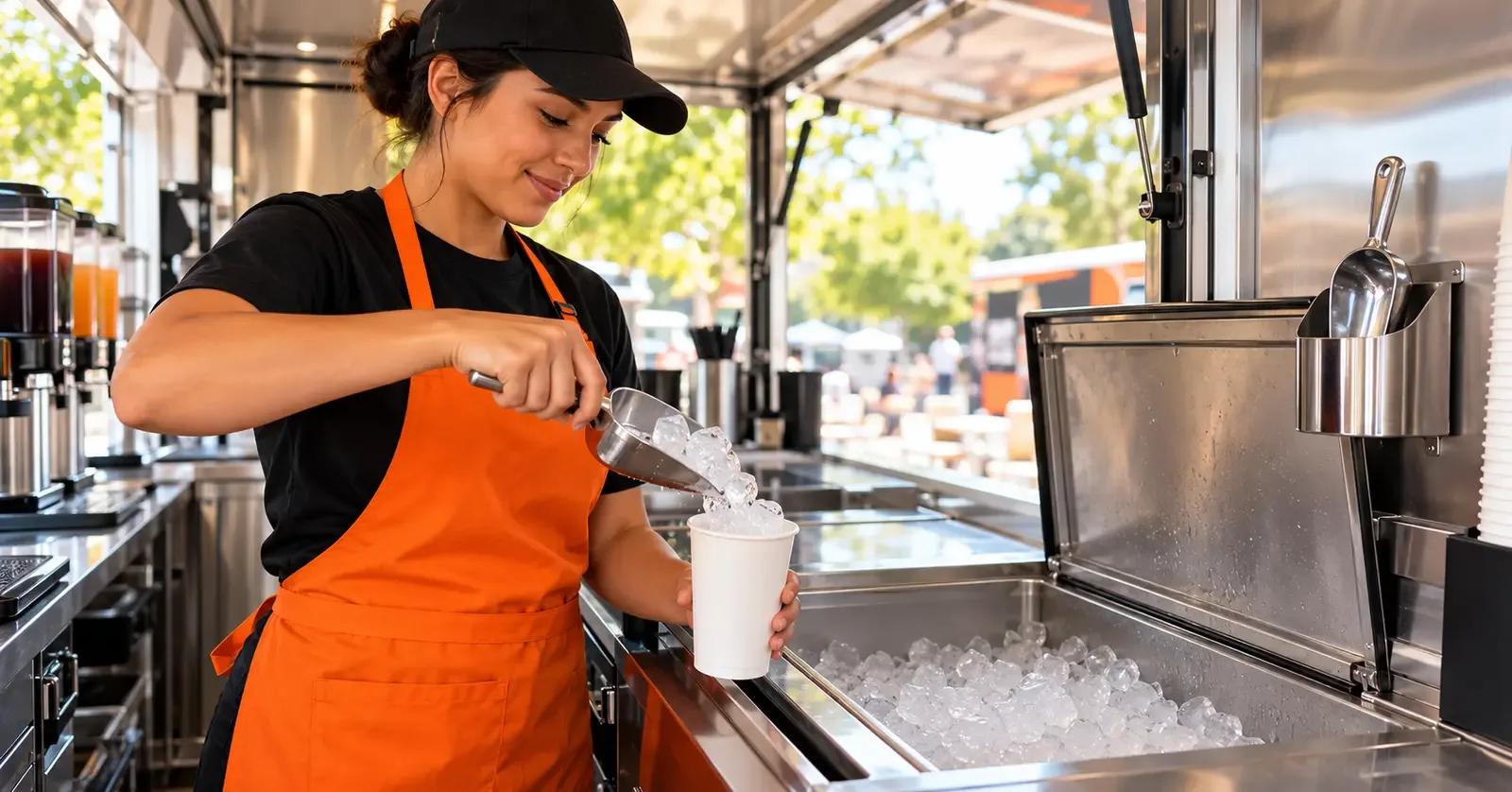 Food truck employee using a dedicated scoop to fill a beverage cup with clean ice