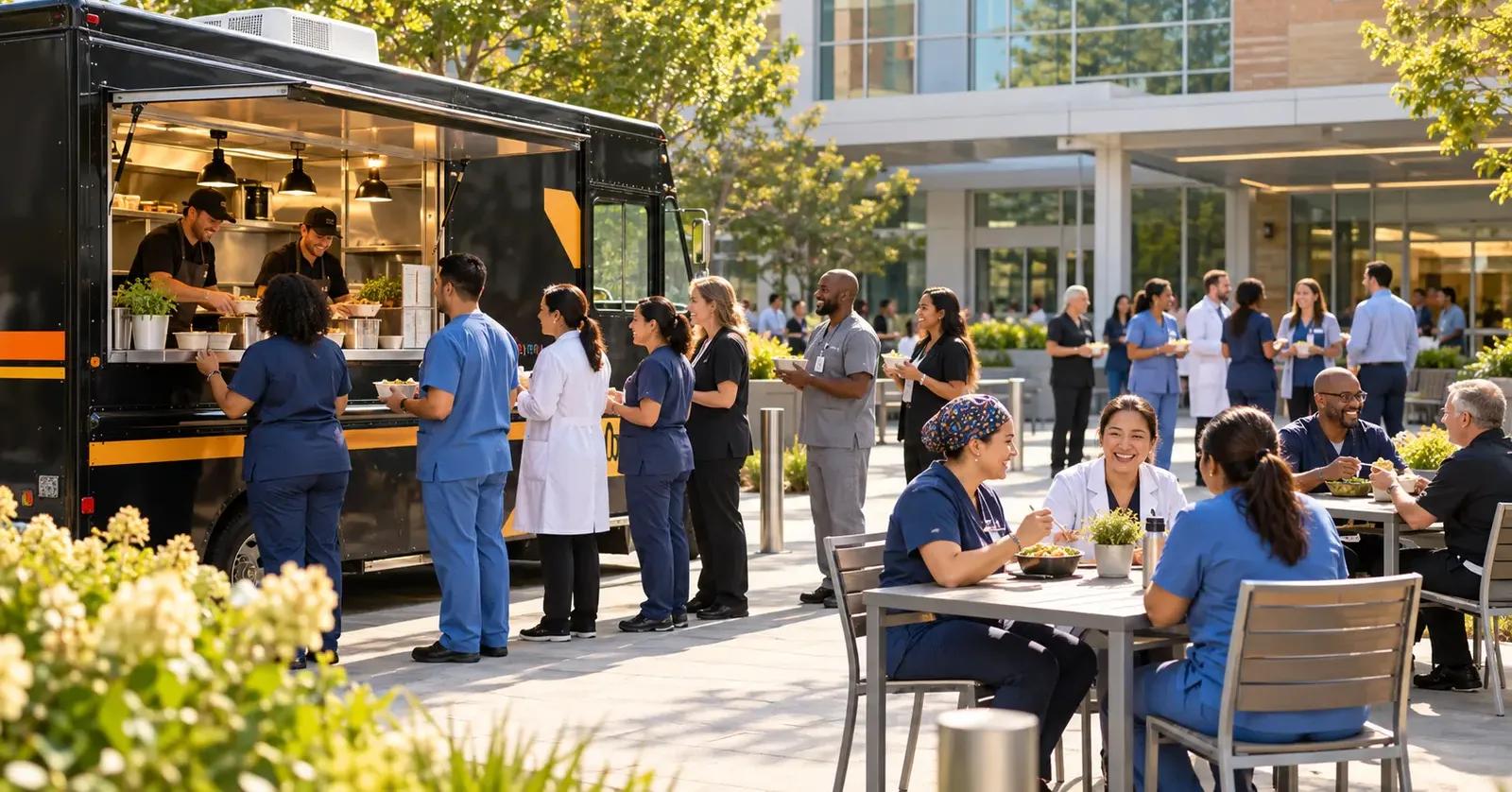 Healthcare workers enjoying a food truck appreciation meal in a hospital campus courtyard