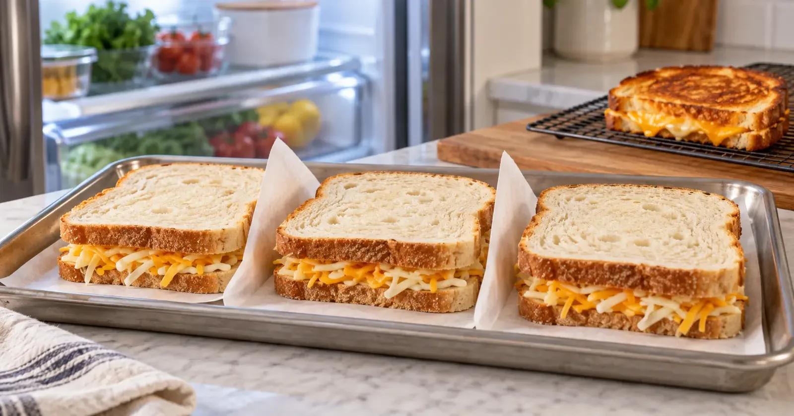 Three uncooked grilled cheese sandwiches separated by parchment beside a refrigerator