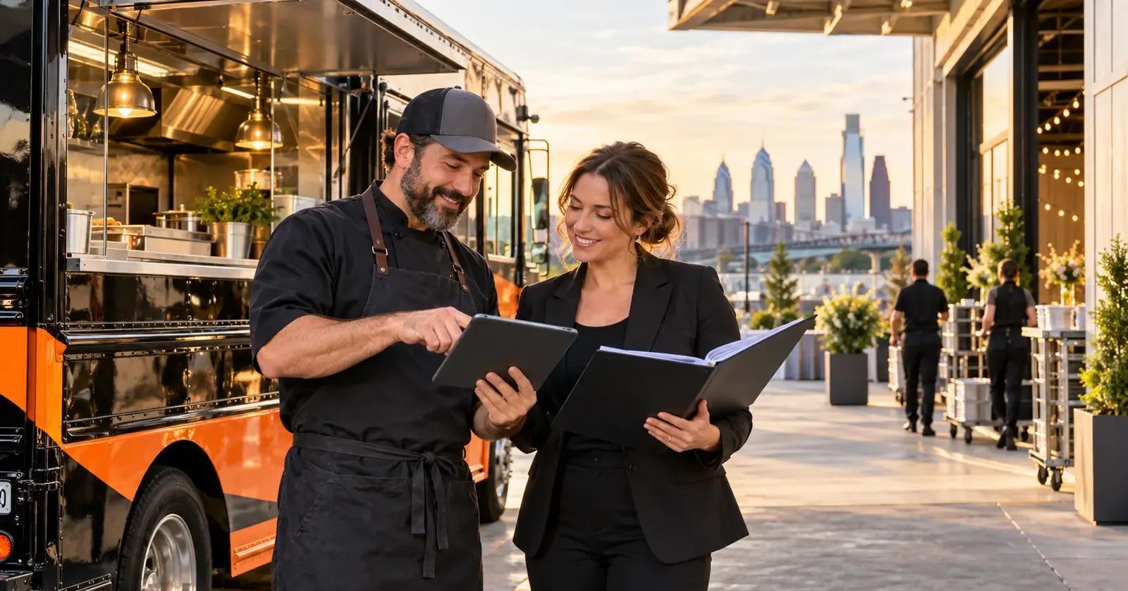 Food truck owner and venue coordinator reviewing insurance paperwork beside a black-and-orange food truck