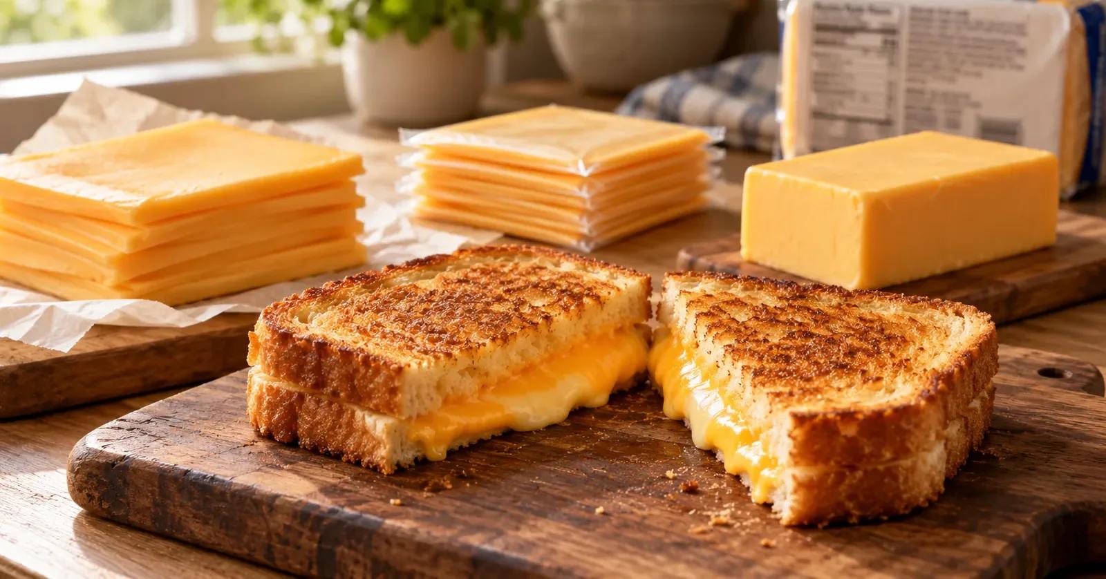 Grilled cheese beside deli-cut American cheese, wrapped slices, and a loaf-style cheese portion