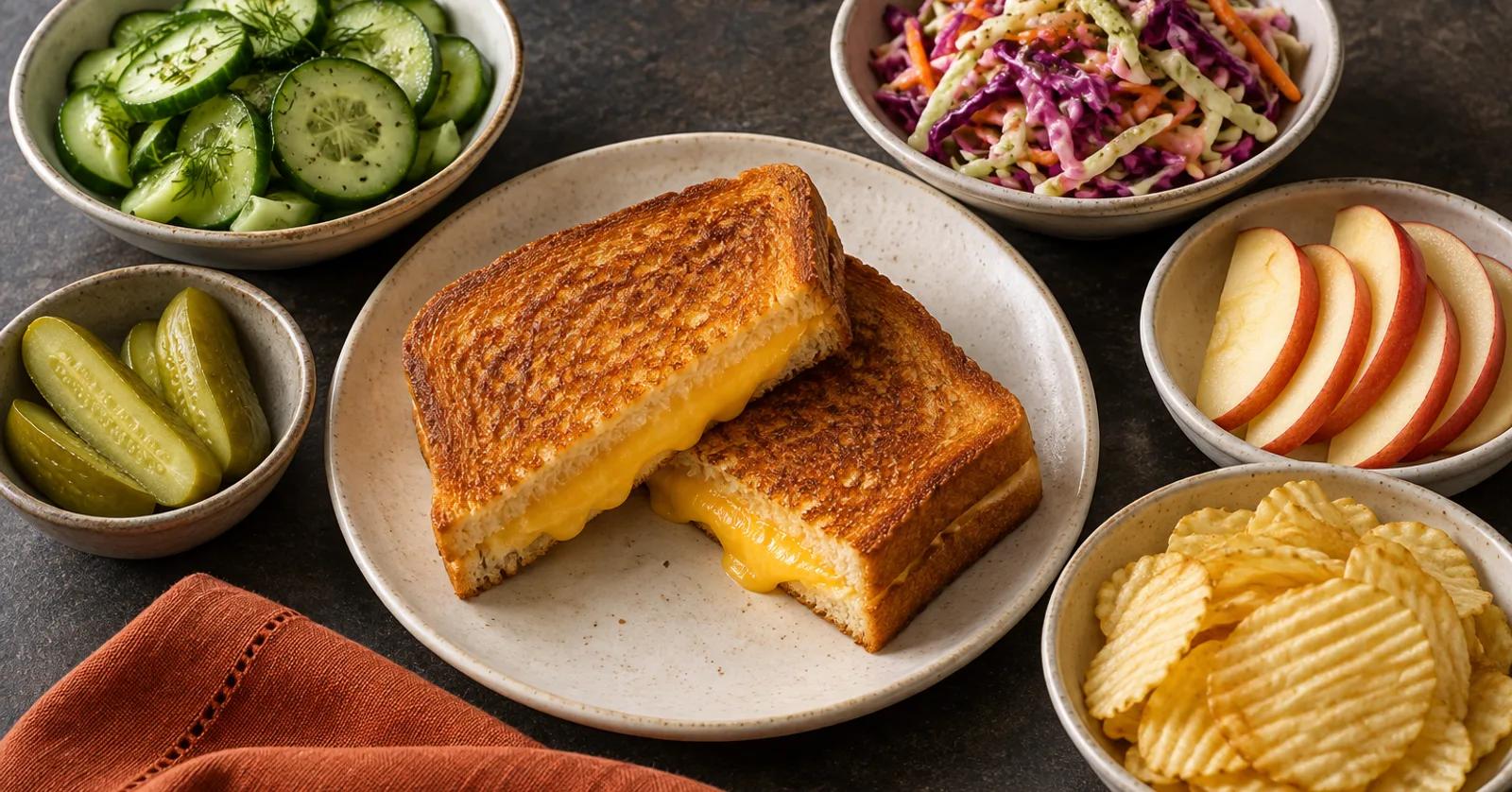 Grilled cheese with cucumber salad, cabbage slaw, apple slices, pickles, and potato chips