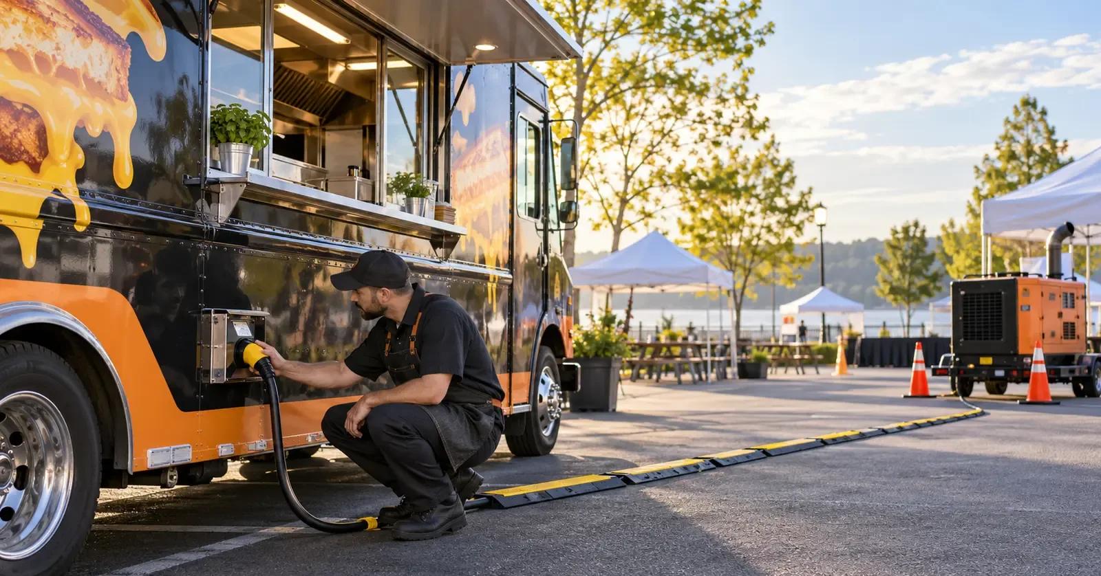 Food truck operator inspecting the power connection and generator setup before an event
