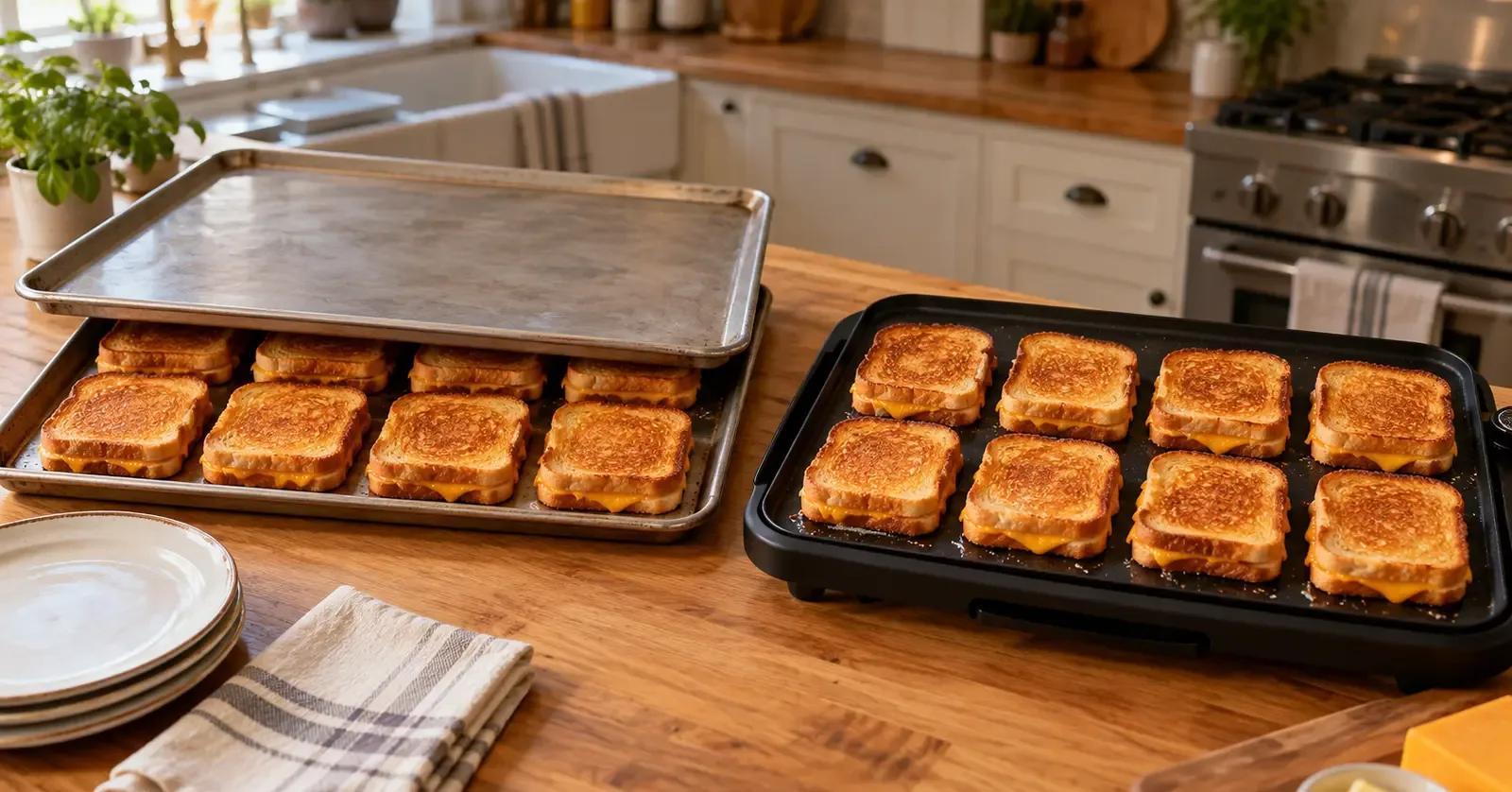 Eight grilled cheese sandwiches cooking on a sheet pan and eight more on an electric griddle