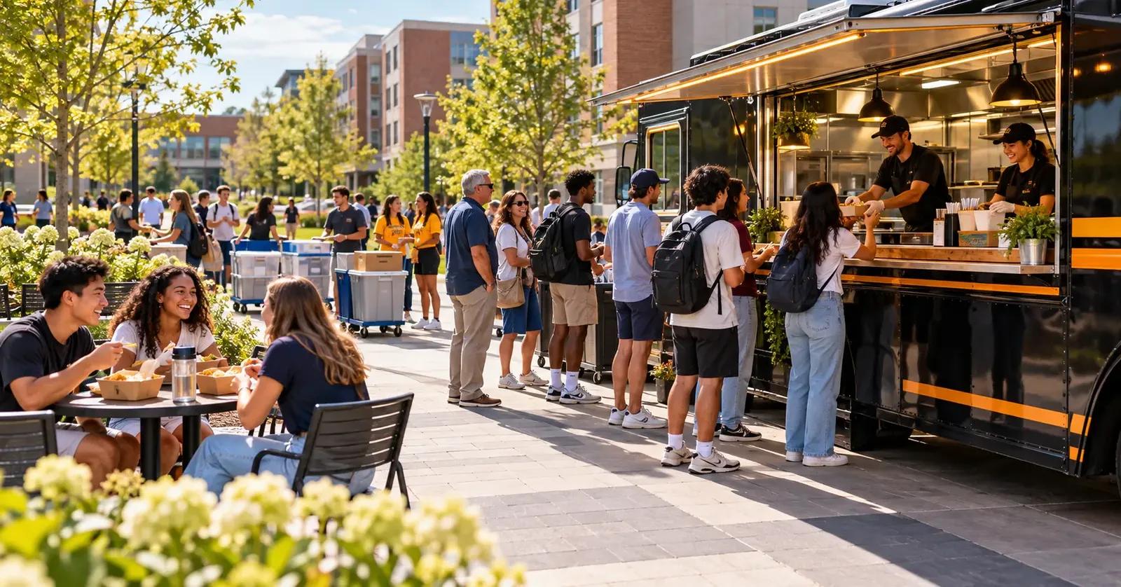 New college students and families taking a food truck meal break during residence-hall move-in day