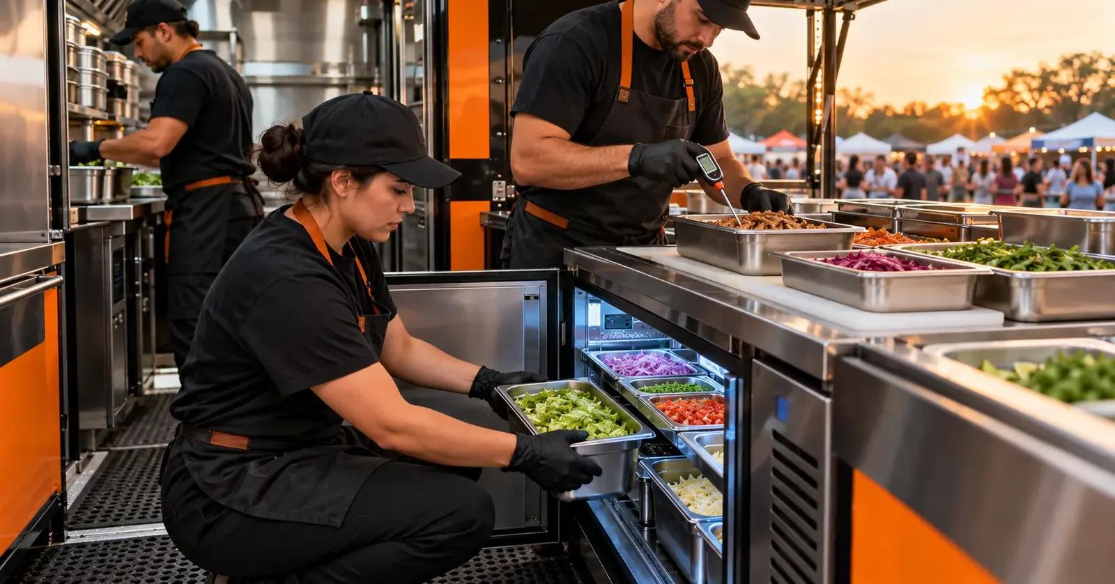 Food truck crew loading chilled ingredients into an undercounter refrigerator before event service