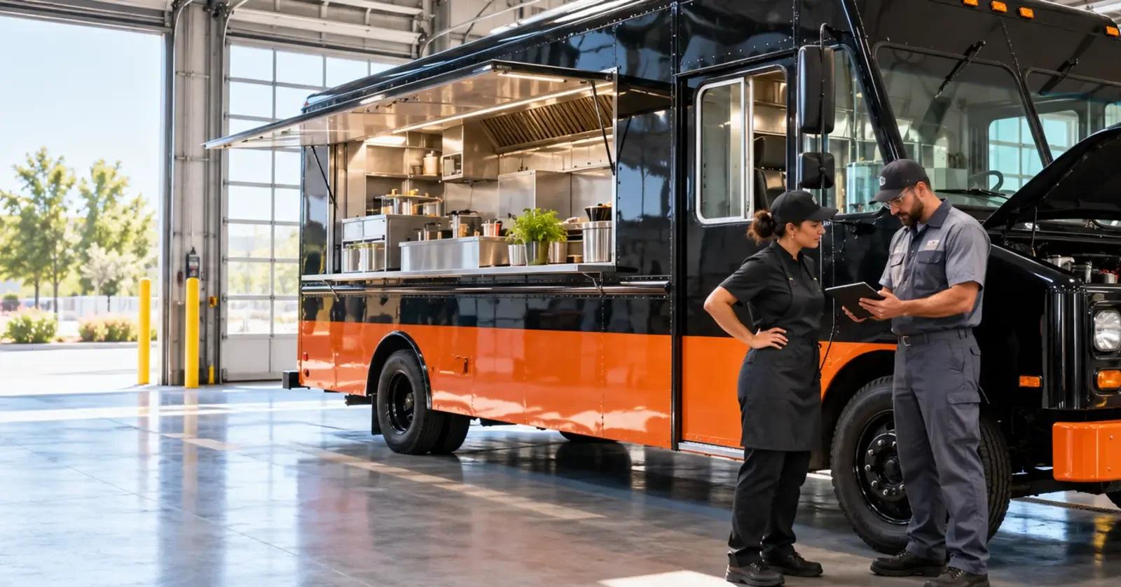 Technician and food truck operator inspecting a mobile kitchen before an event