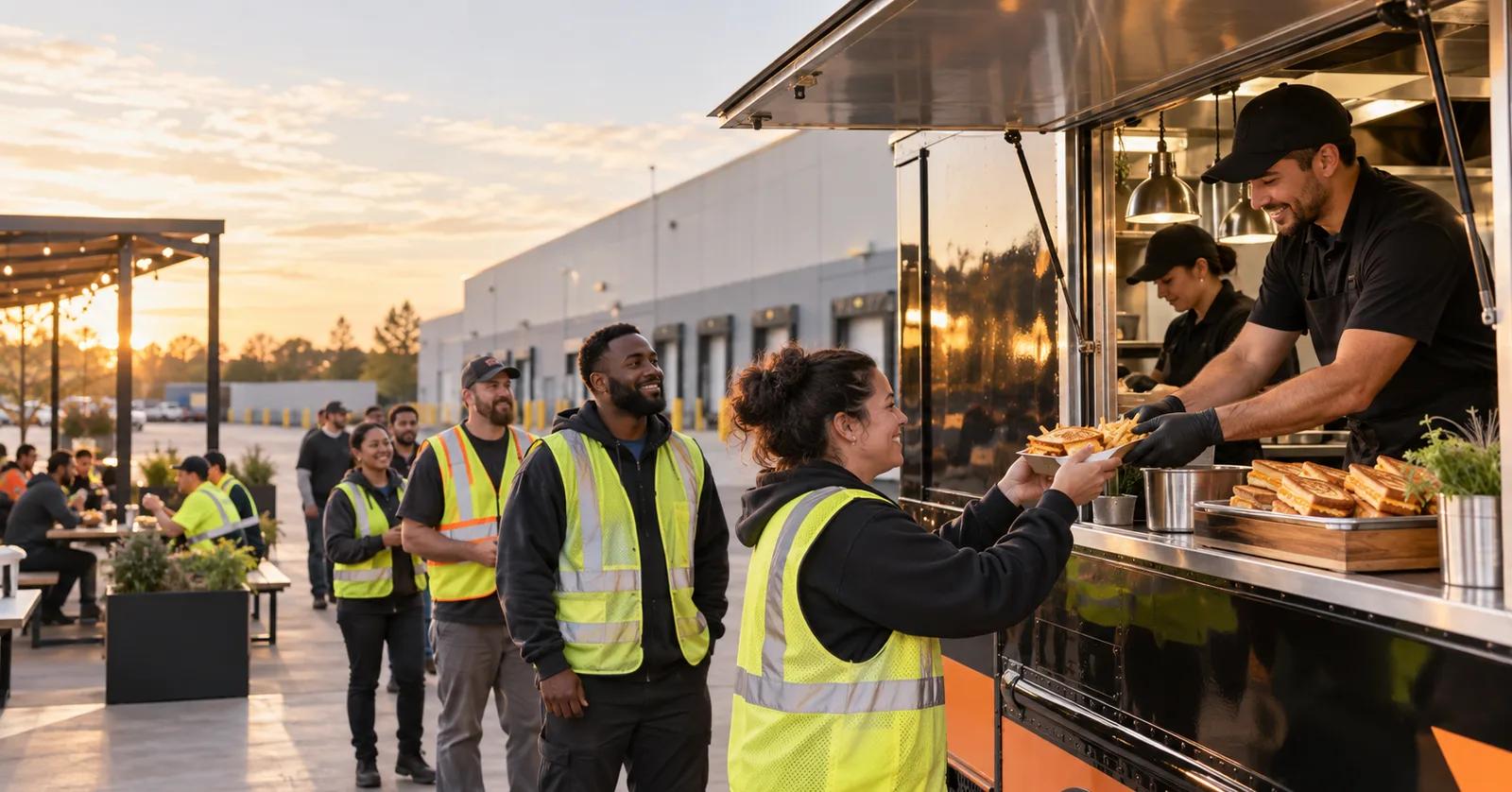 Grilled cheese food truck serving warehouse employees during a scheduled meal break