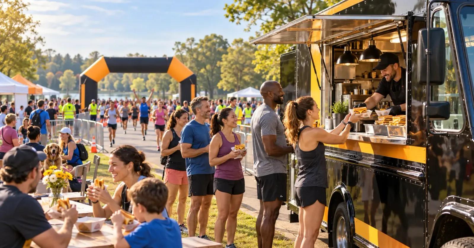Runners and families ordering grilled cheese from a food truck after a community road race