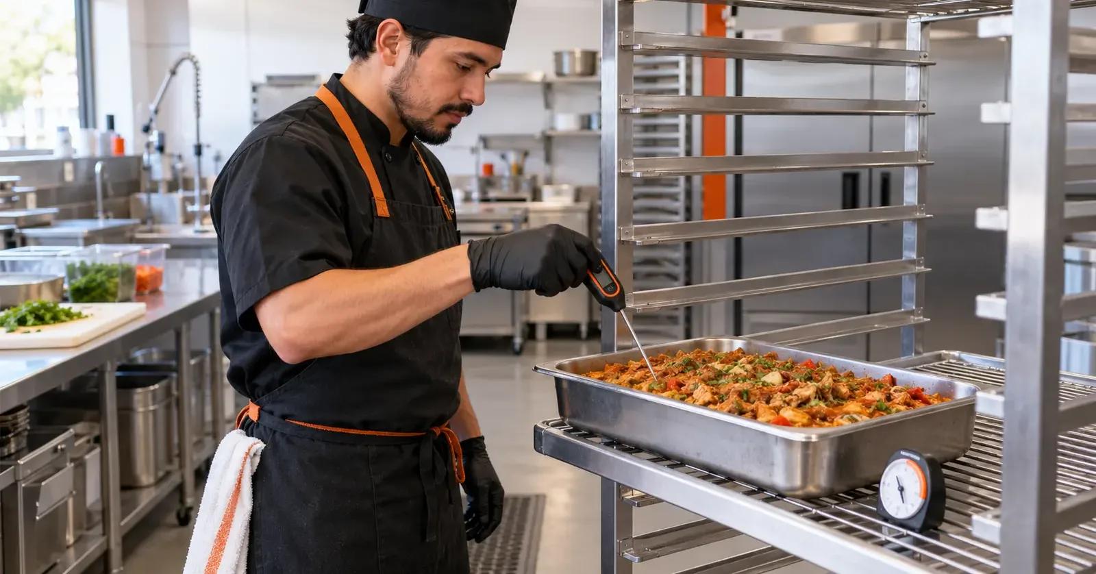 Food truck cook checking the temperature of a shallow pan during rapid cooling