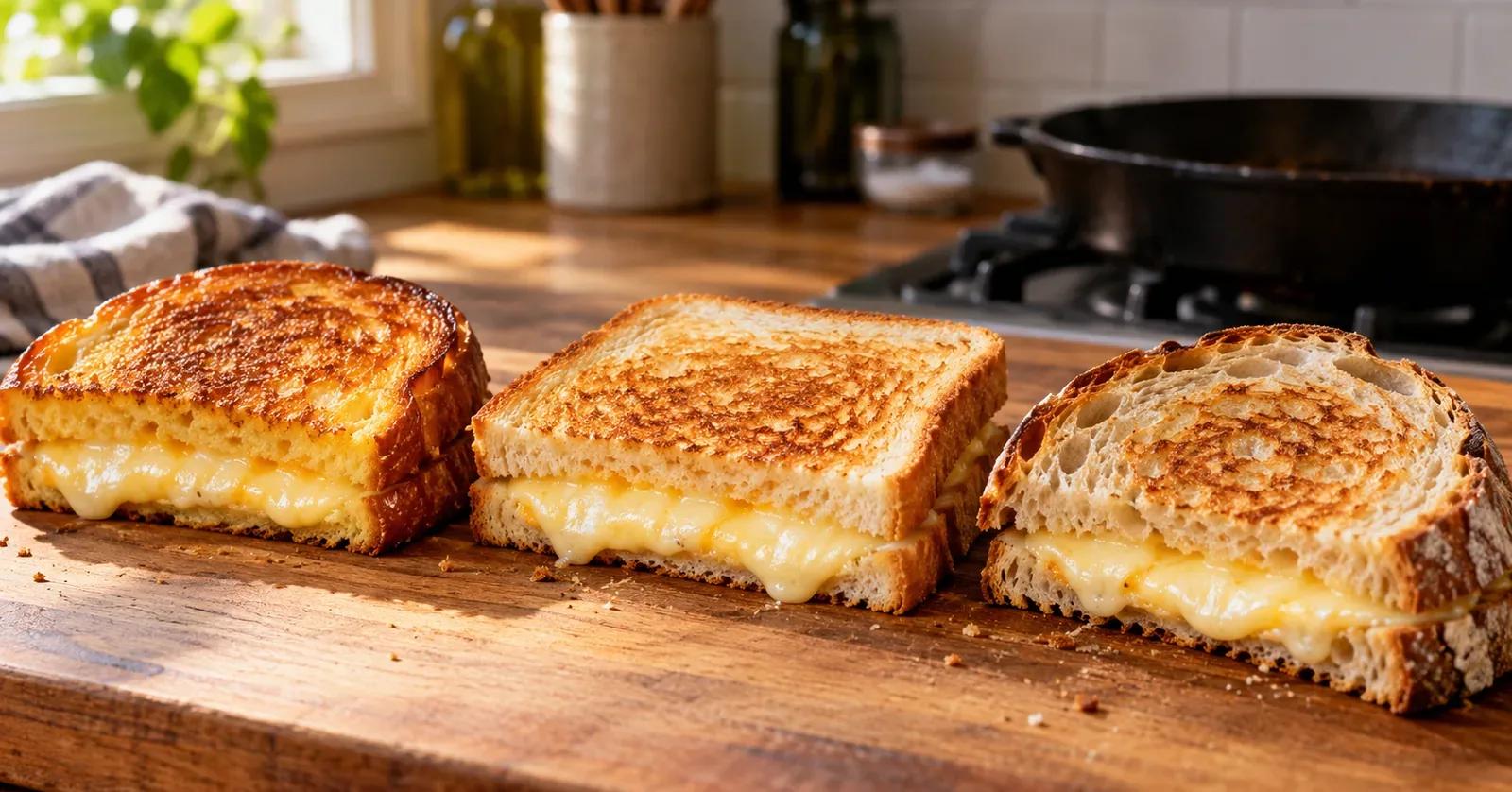 Brioche, white bread, and sourdough grilled cheese sandwiches showing different levels of browning