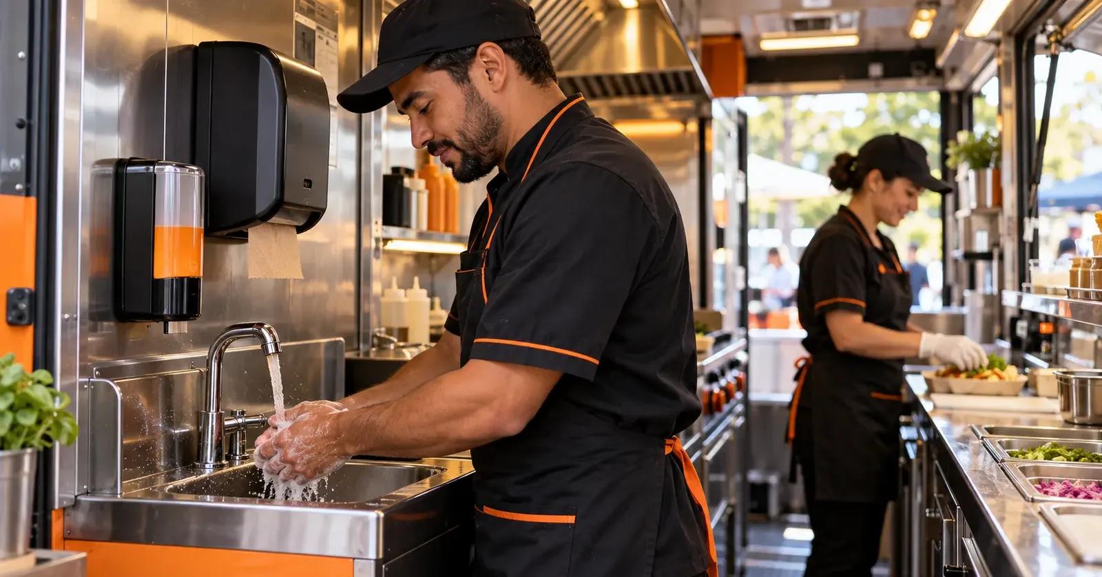 Food truck employee washing hands at a dedicated handwashing sink