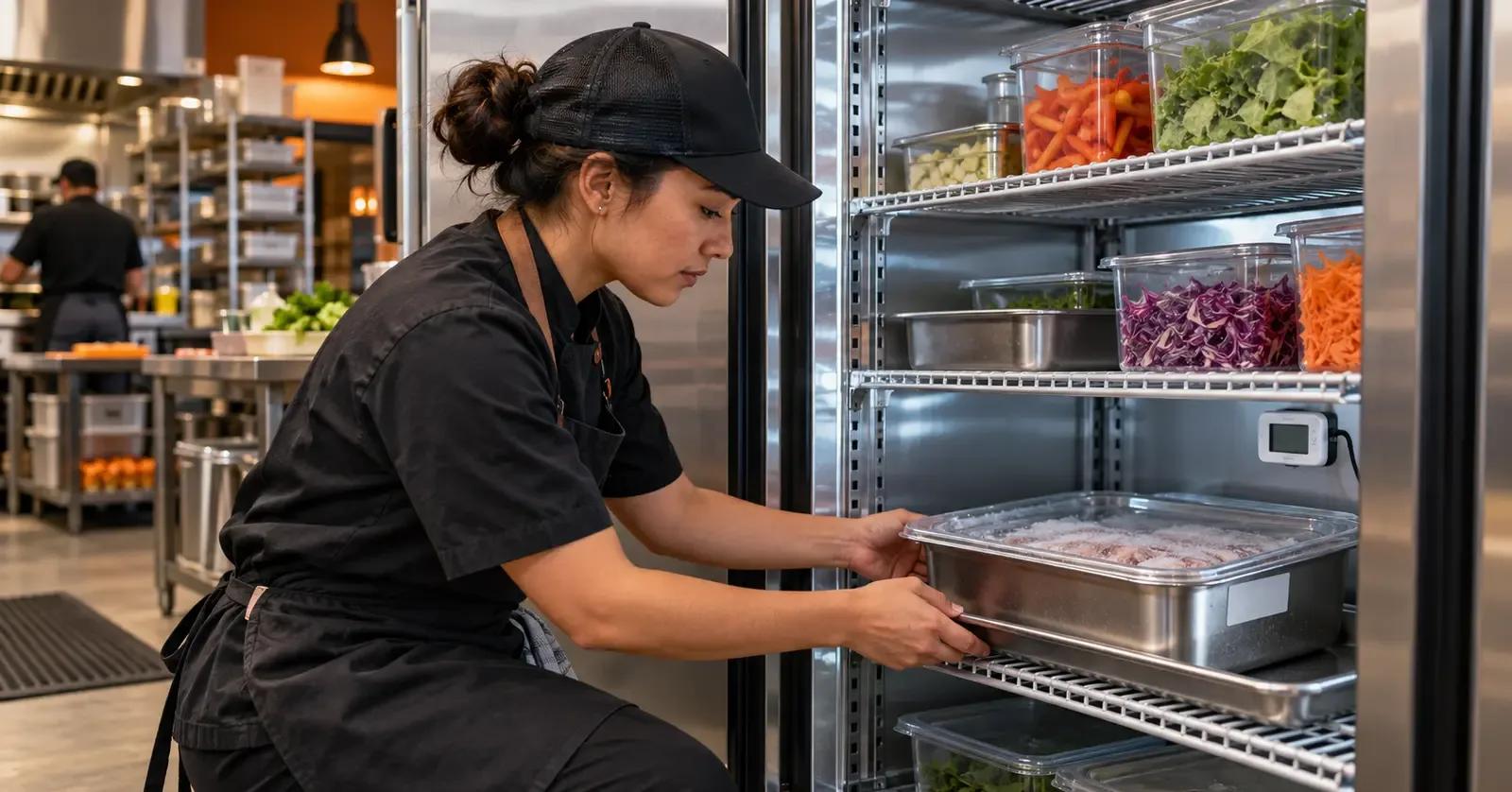 Food truck prep cook checking a covered pan thawing under refrigeration
