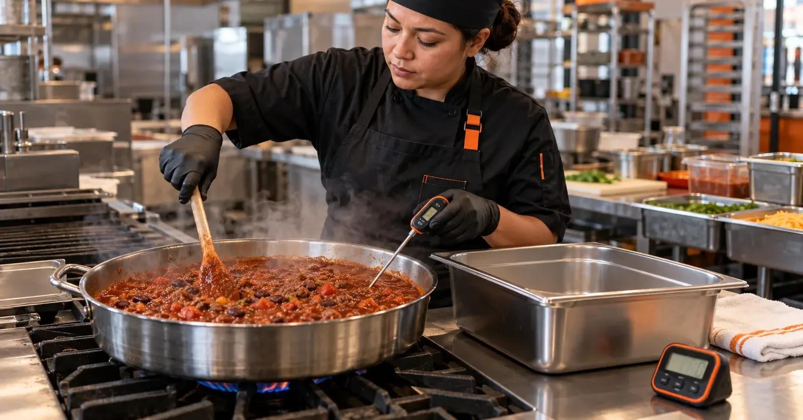 Food truck cook verifying that reheated food has reached 165°F before hot holding