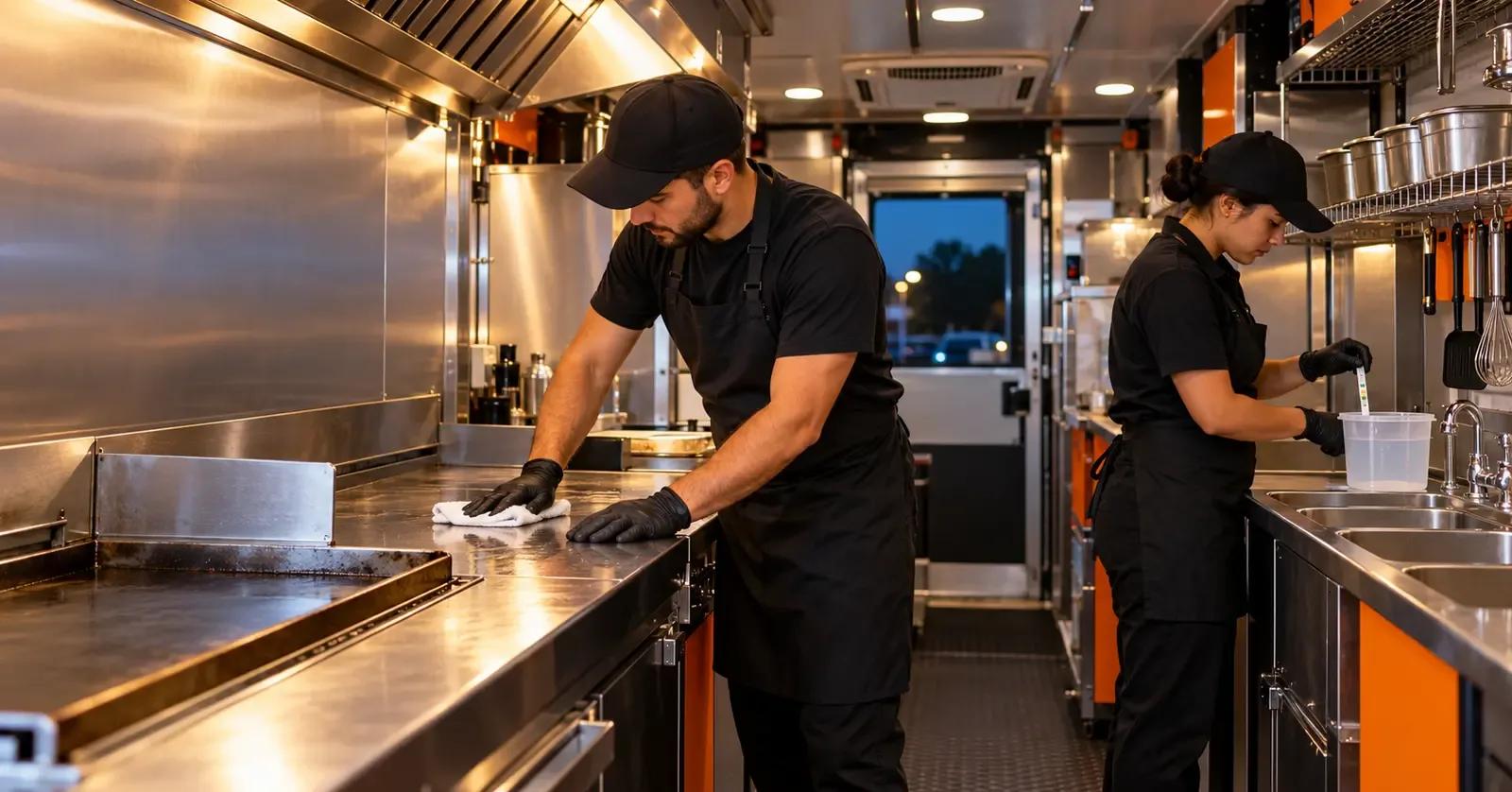 Food truck crew cleaning and sanitizing the mobile kitchen after service