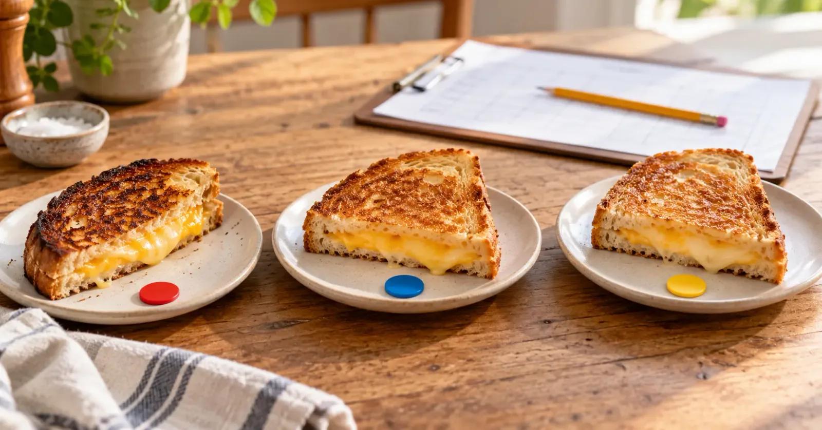 Three grilled cheese halves arranged for a side-by-side taste test with coded markers and a score sheet