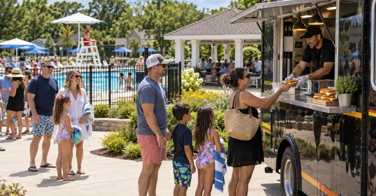 Families ordering grilled cheese from a food truck outside a community pool deck