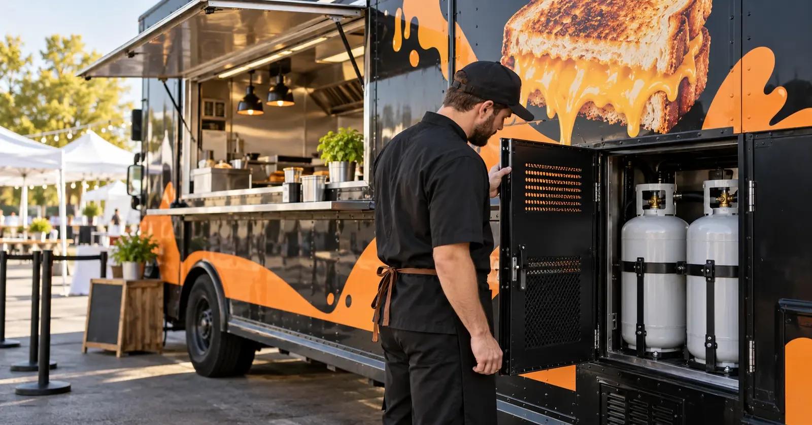 Food truck operator inspecting the exterior propane compartment before an event