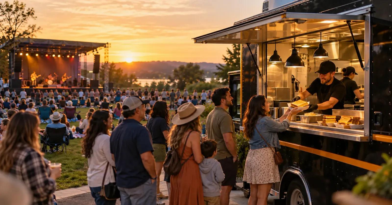 Concert guests ordering grilled cheese from a food truck beside an outdoor music lawn at sunset