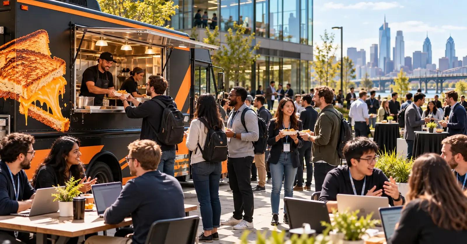 Developers and startup teams gathering beside a black-and-orange food truck at a modern tech event