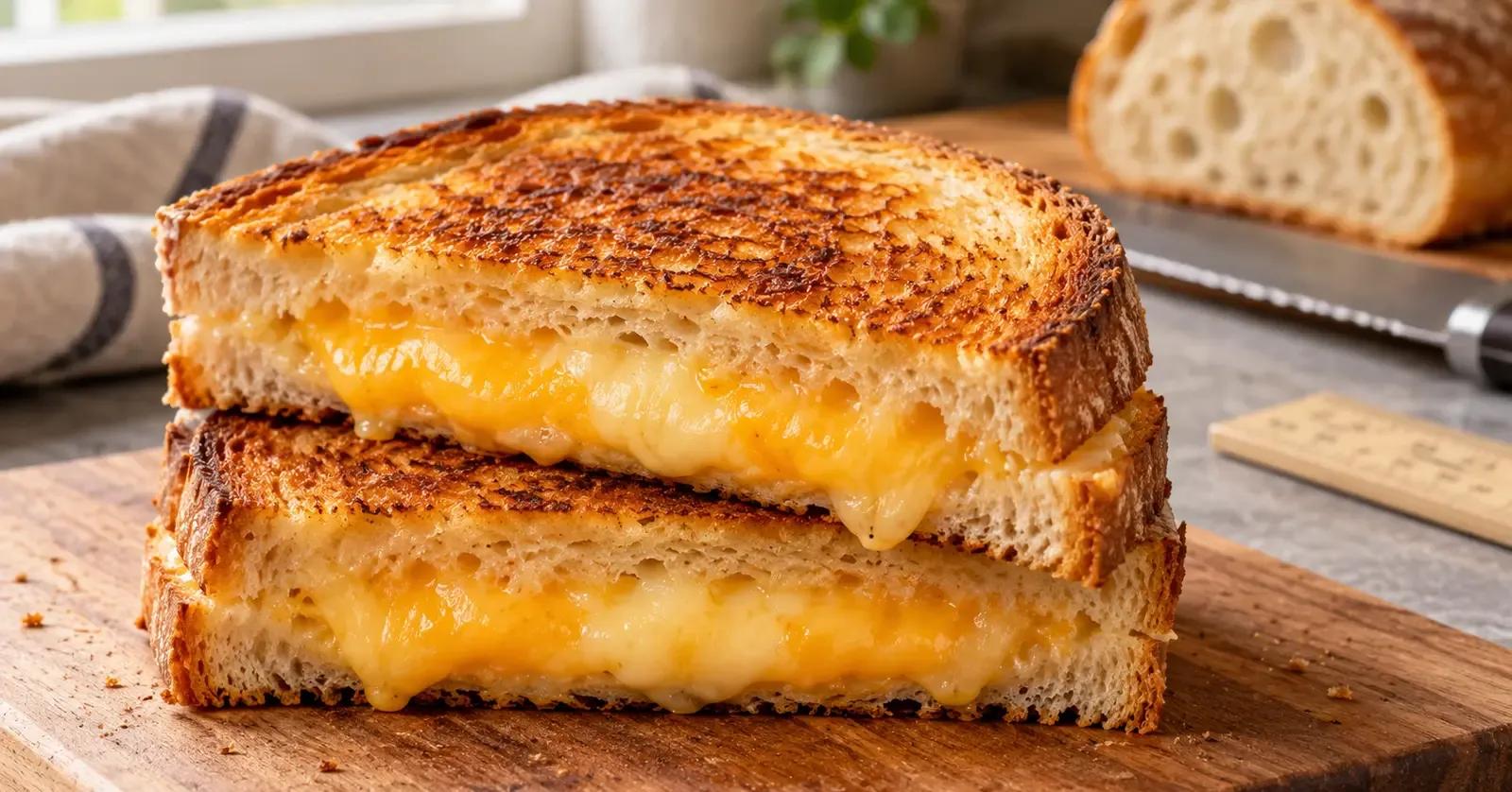 Grilled cheese made with medium-thick sourdough, showing crisp golden bread and a balanced melted-cheese layer