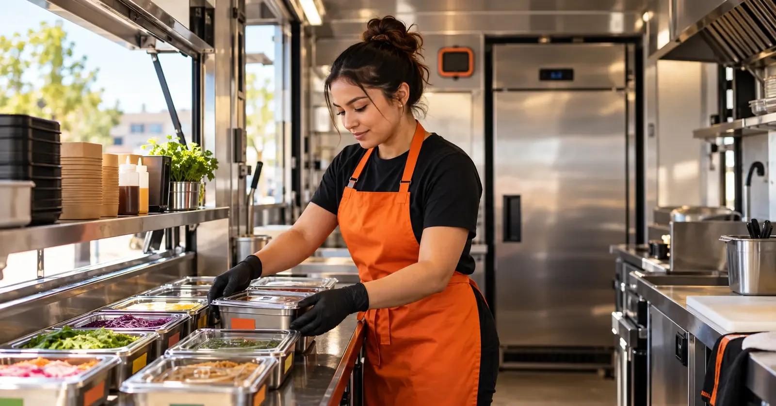 Food truck employee staging small batches of ready-to-eat food for timed service