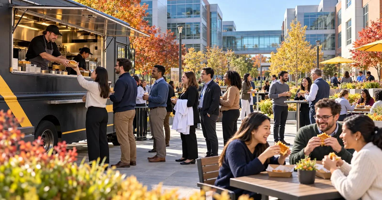 Employees enjoy a hosted food truck lunch in the courtyard of a modern life-sciences campus