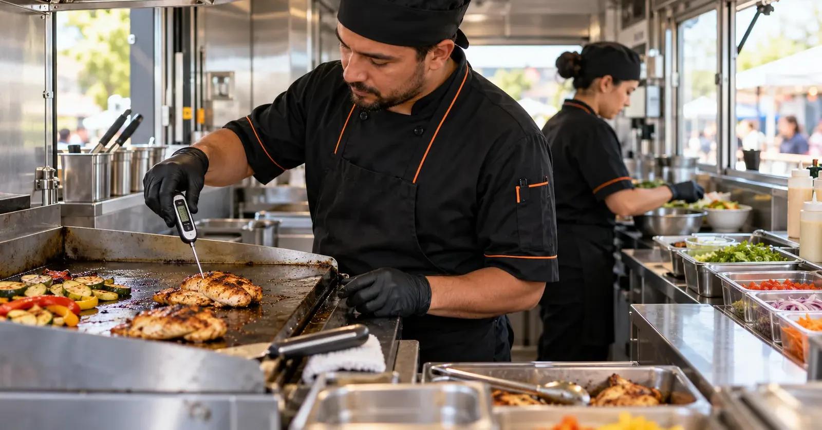 Food truck cook checking the internal temperature of food on a griddle