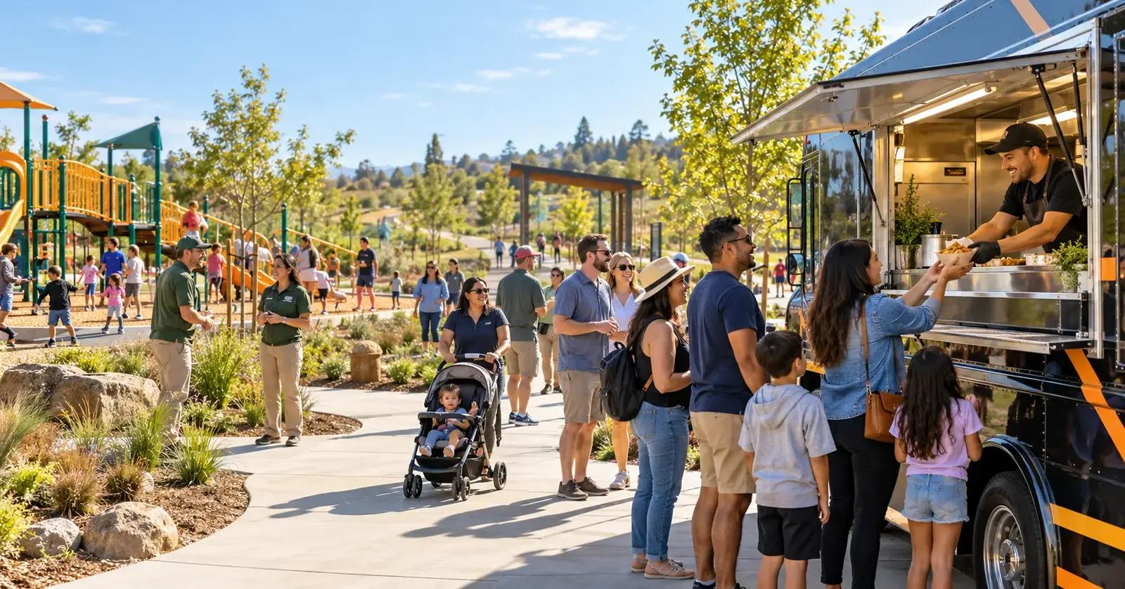 Families, neighbors, and local organizers gathering beside a food truck at a new public park opening