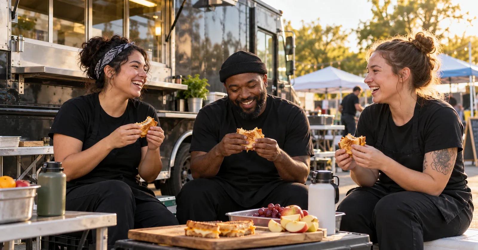 Food truck crew sharing a pre-service meal together before an event