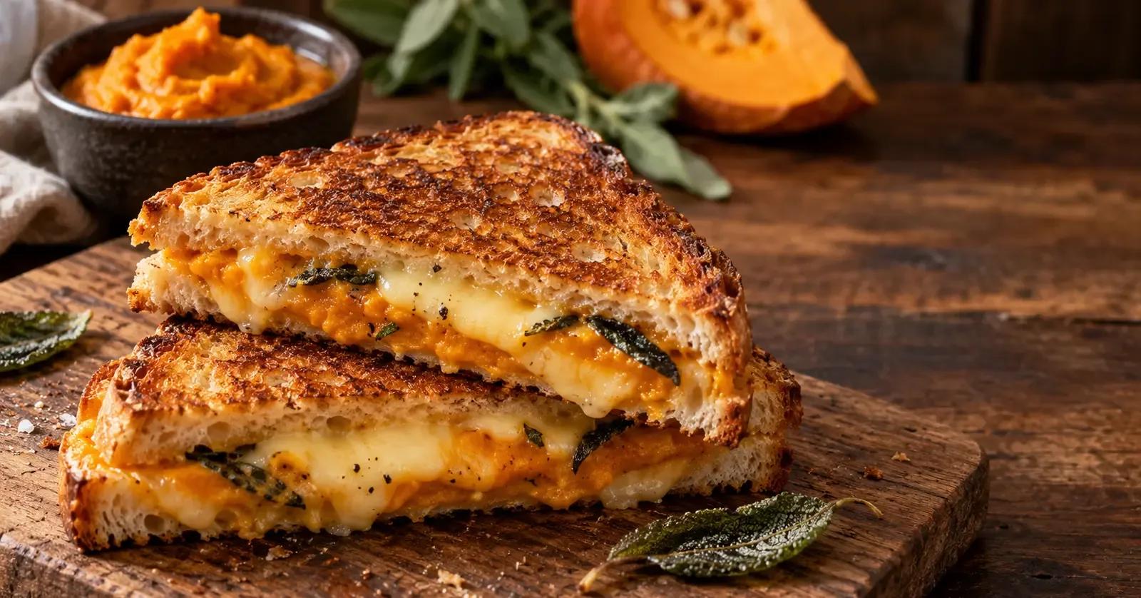 Savory pumpkin grilled cheese with melted cheddar and fontina, crisp sage, and golden sourdough
