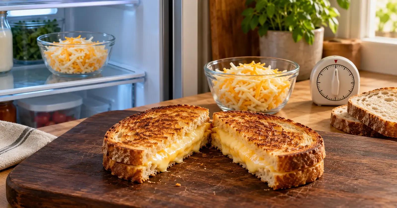 Equal bowls of refrigerated and briefly tempered shredded cheese beside a grilled cheese sandwich