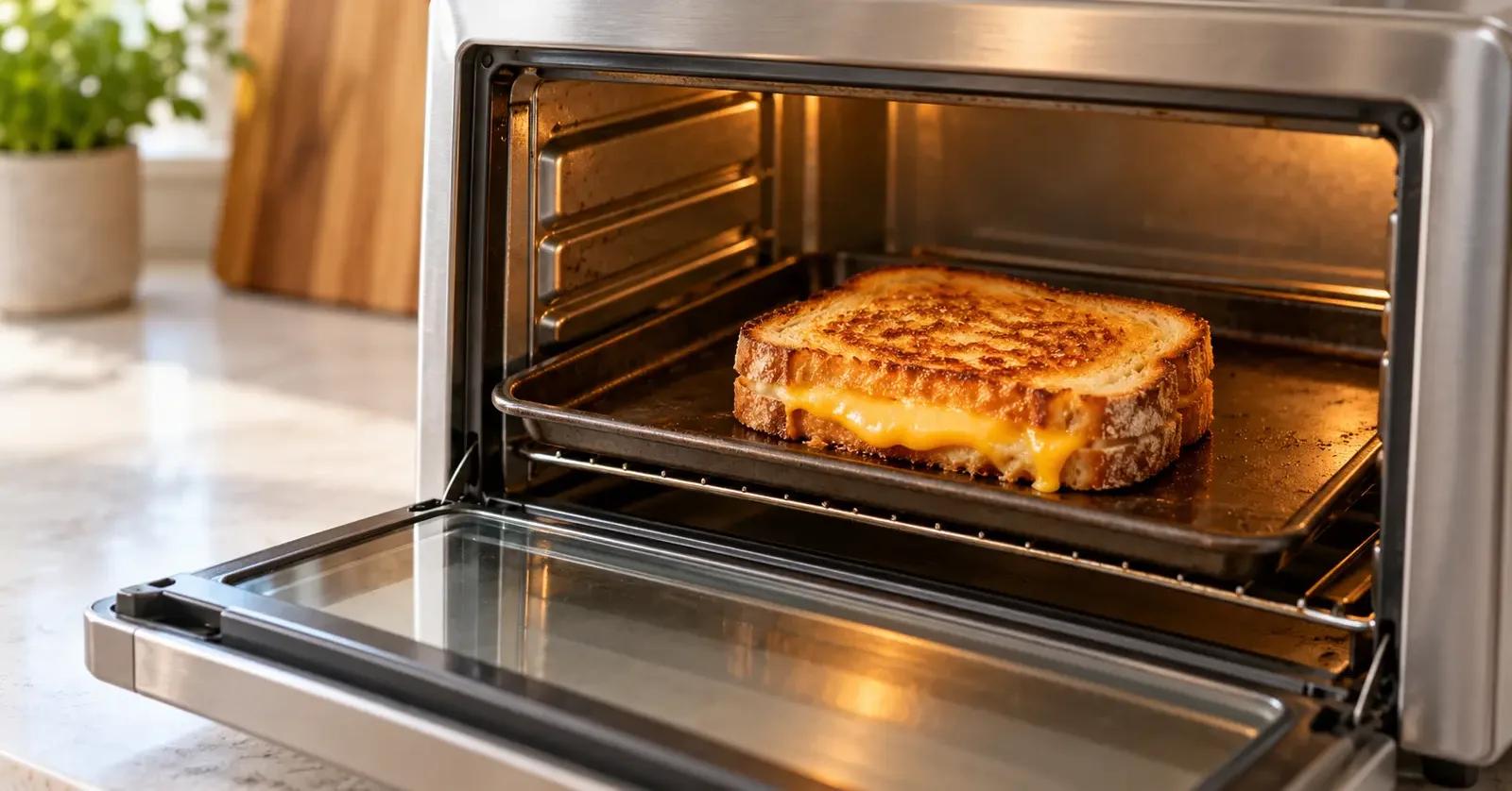 Golden grilled cheese on a small baking tray inside a countertop toaster oven