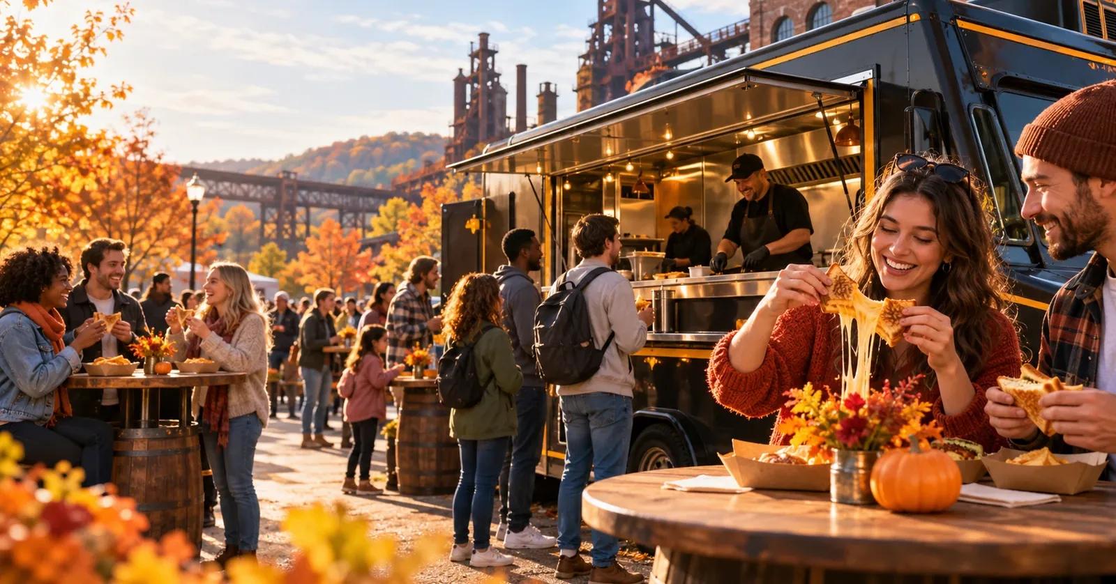 Guests enjoy grilled cheese at an autumn food truck event overlooking Bethlehem and the Lehigh Valley