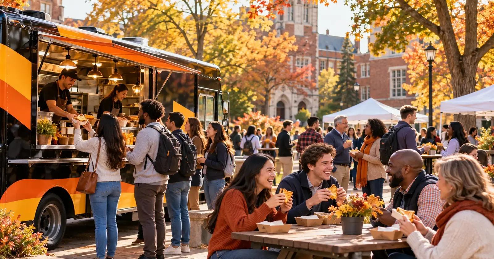 Alumni, students, faculty, and families gathering beside a black-and-orange food truck during college homecoming