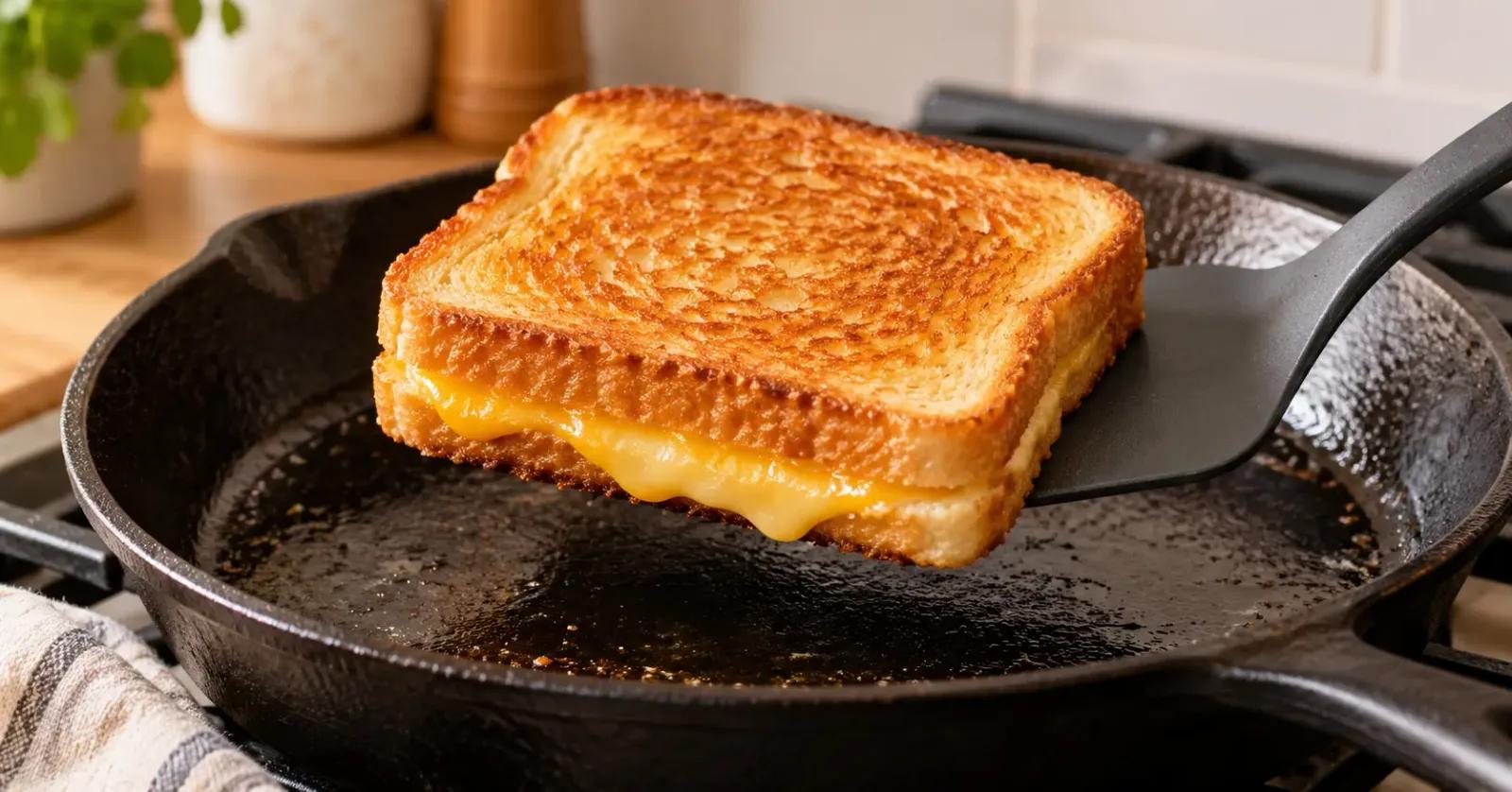Wide spatula lifting a golden grilled cheese while melted cheese softens at the sandwich edge