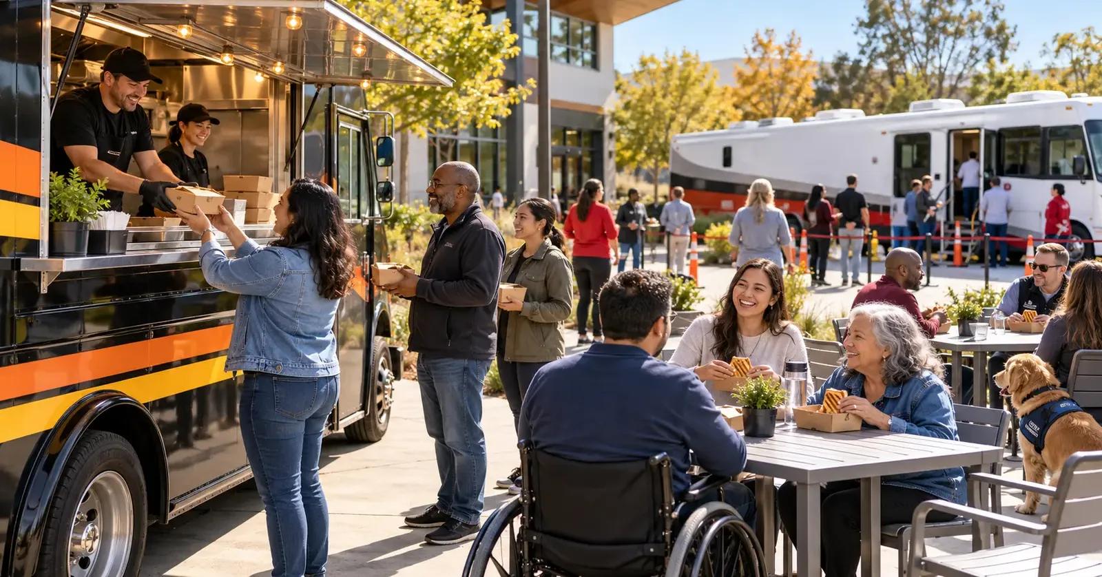 Blood donors, volunteers, and event staff gathering at a food truck beside a separate mobile blood-donation coach