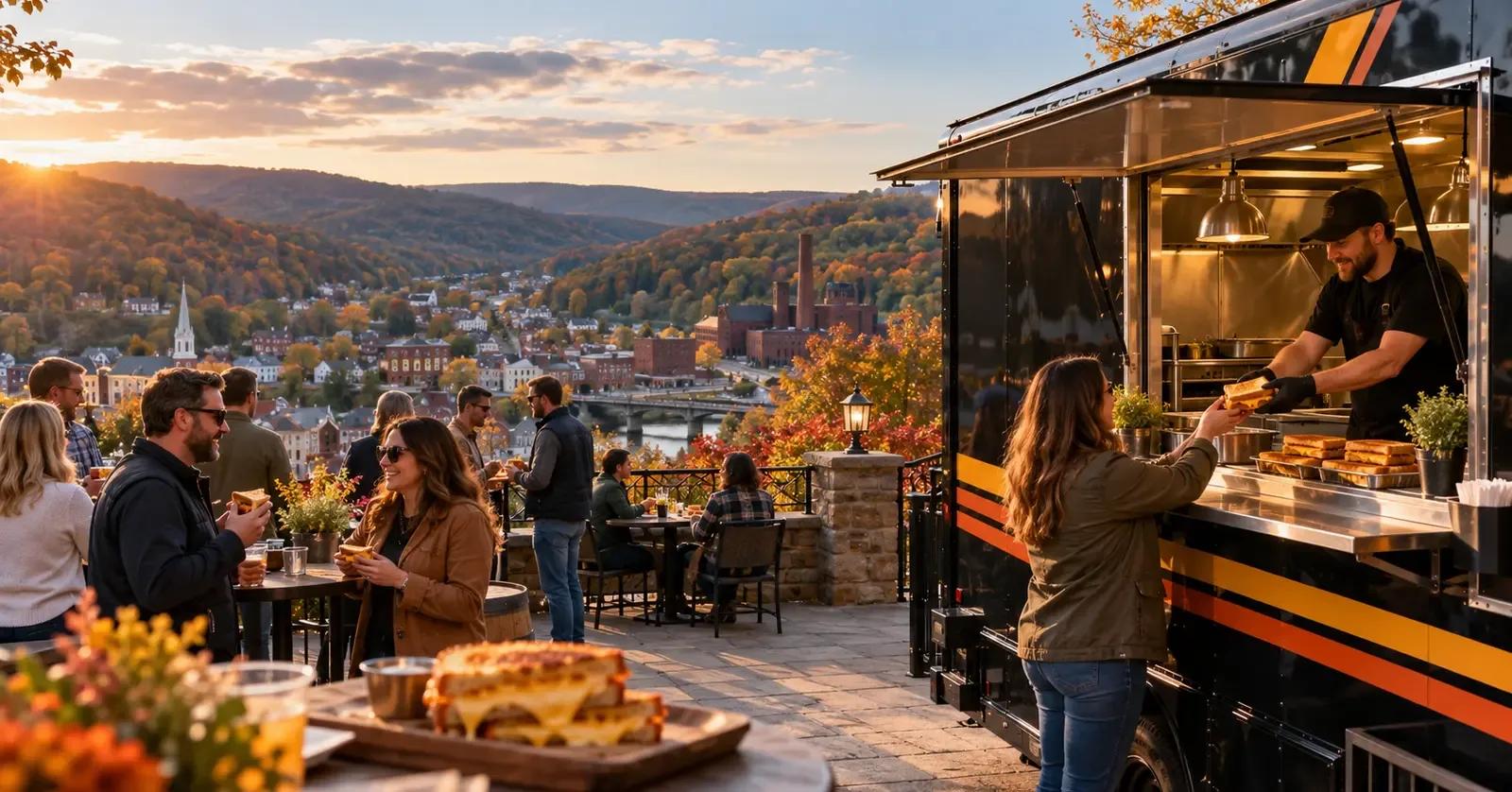 Grilled cheese food truck serving guests above a Schuylkill County mountain town surrounded by autumn ridges