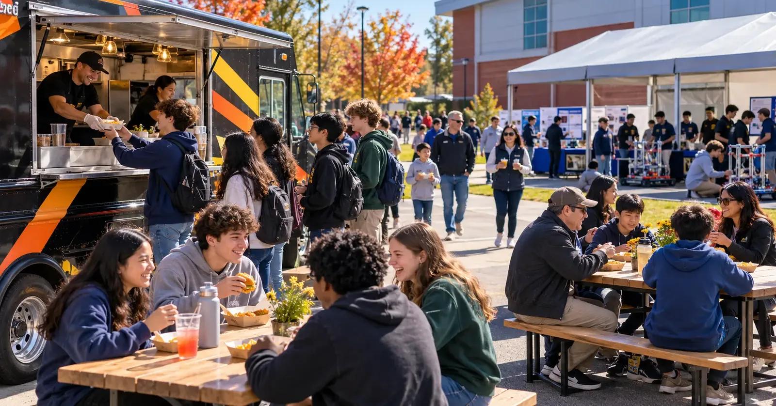 Students, families, and robotics teams visiting a food truck at a school STEM event