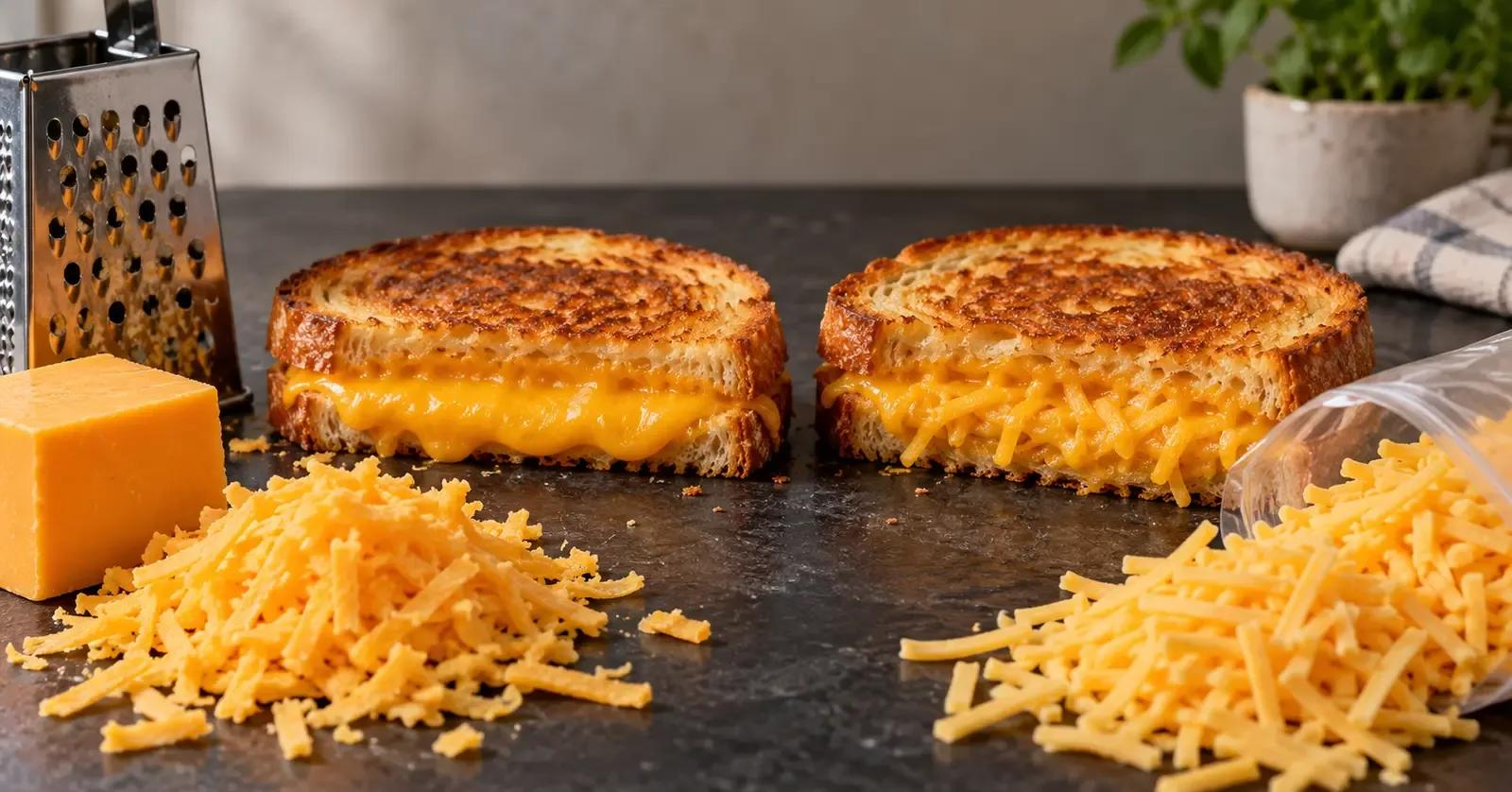 Freshly grated cheddar and packaged pre-shredded cheese beside two grilled cheese sandwiches for a melt comparison