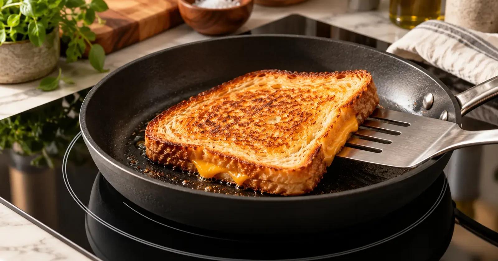 Golden grilled cheese cooking in a skillet centered on an induction cooktop