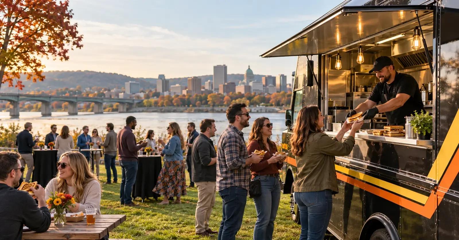 Grilled cheese food truck serving guests beside the Susquehanna River with the Harrisburg skyline in the distance