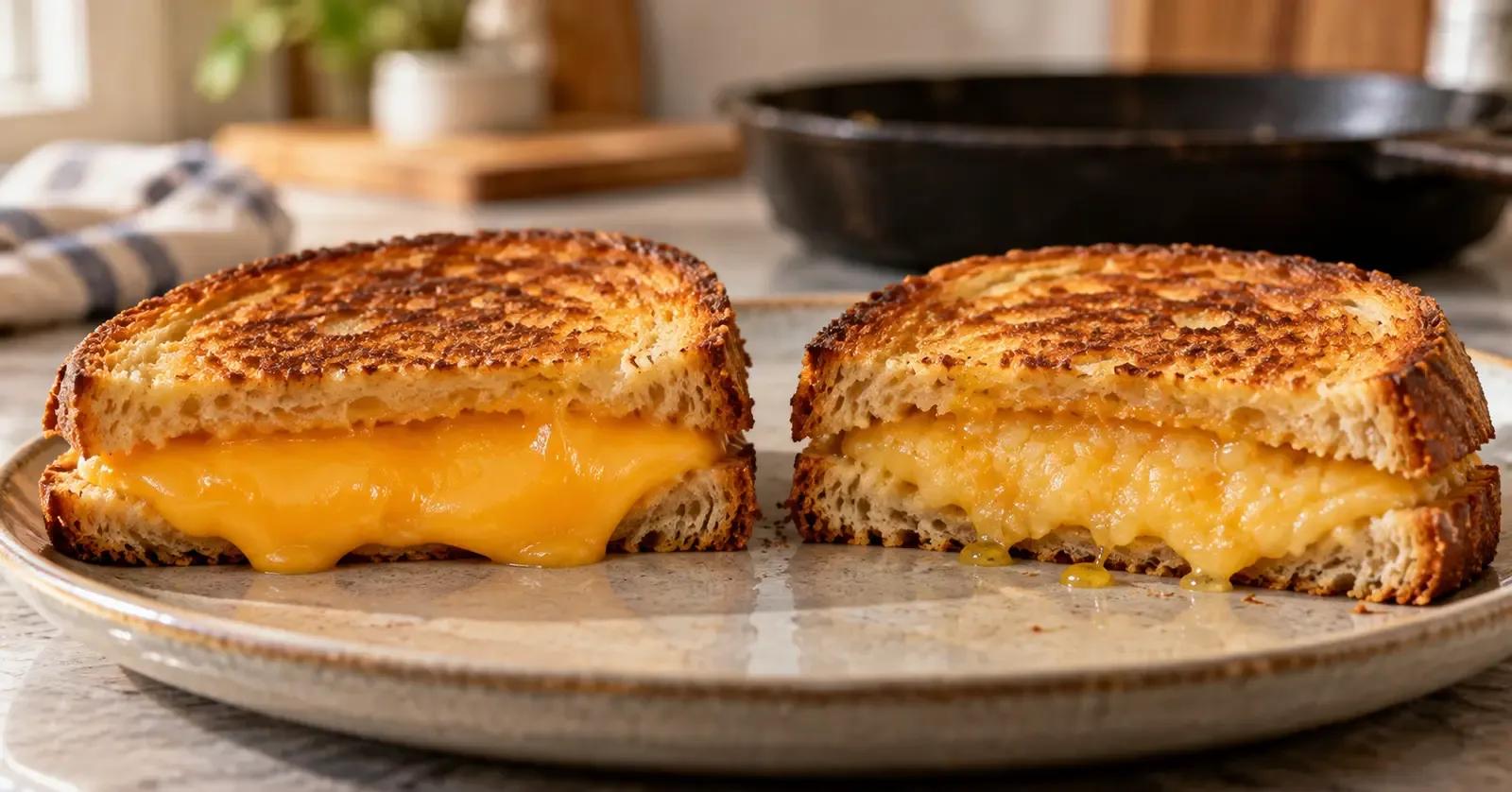 Side-by-side grilled cheese sandwiches showing a smooth young-cheddar melt and a slightly oily aged-cheddar melt