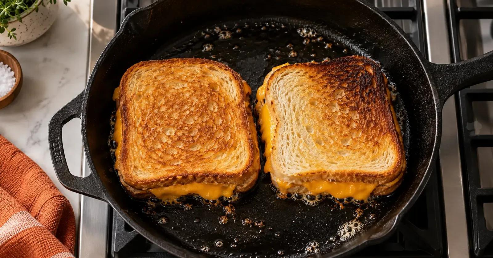 Two grilled cheese sandwiches in one skillet showing even and uneven browning caused by pan hot spots